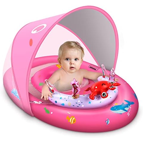 LAYCOL Schwimmring Baby mit UPF50+ Sonnenschutzdach & Spielzeug, Schwimmhilfe Baby für den Pool, Verstellbarer Sicherheitssitz, Kleinkind Pool Schwimmring für 6-36 Monate (Rosa) Cover