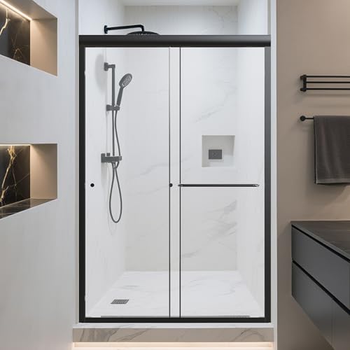 Image of 44-48 inch W x 72 inch H Bathroom Double Sliding Shower Door, Semi-Frameless Shower Glass Doors with 1 /4 inch (6mm) Clear SGCC Tempered Glass and Stainless Steel Handles, Easy to Install, Matte Black