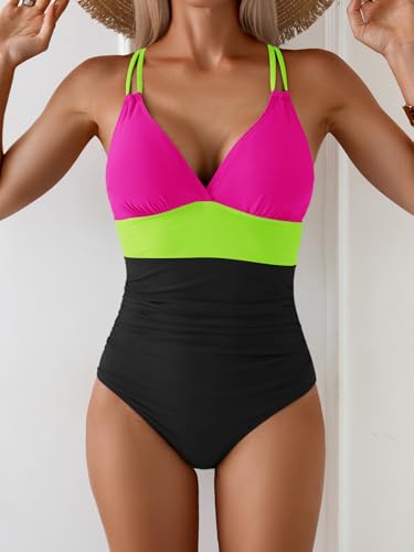 Image of Aidonger Women's One Piece Color Block Swimsuit Tummy Control Slimming Bathing Suit V Neck Cutout High Waisted Swimwear
