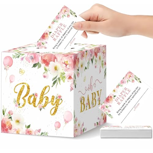 SINGOMON 50PCS Diaper Raffle Tickets Diaper Raffle Cards with 1PC Baby Shower Favor Box Diaper Raffle Box for Baby Shower Game Invitations for Gender Reveal Decorations Baby Shower Decorations Table Centerpieces