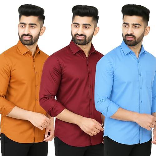 Image of Men's Polycotton Solid Shirt Pack of 3 | Regular Fit Full Sleeve Casual & Formal Wear Shirt Combo for Men | Soft & Durable Shirts