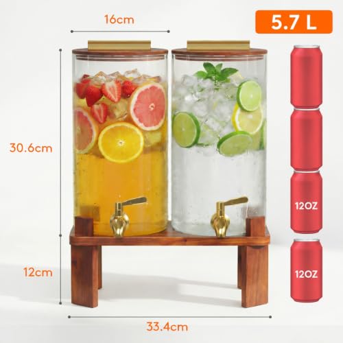 Lifewit 5,7 L Getränkespender aus Glas mit Zapfhahn und Holz Ständer, 2 Stück Drink Dispenser für Limonade Saft Tee Wasser Getränke… – Ansicht 2