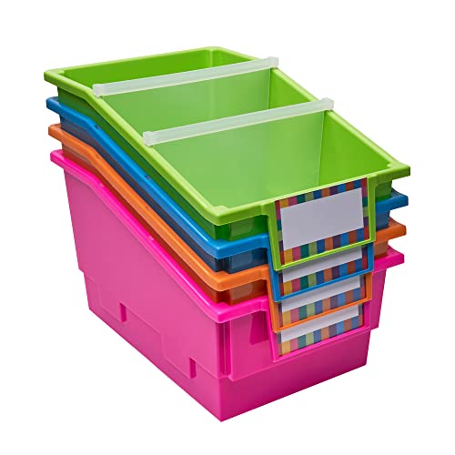 Image of Really Good Stuff Chapter Book Classroom Library Bins with Dividers -4 Pack | 8.75 inch x 13.5 inch x 7.75 inch, Neon, Large Plastic Bin Organizers for Book Organization, Documents, Files, Magazines