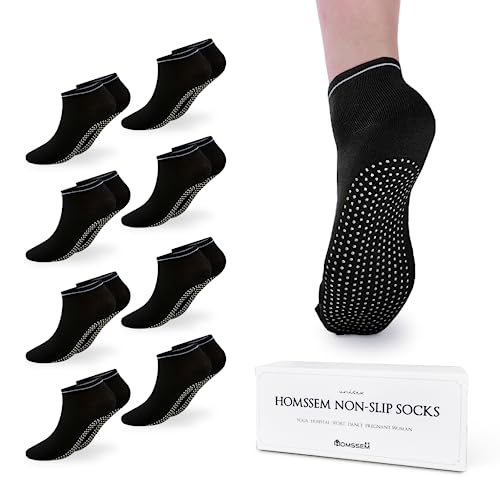 Image of HOMSSEM Grip Socks - 8-Pairs Unisex Non-Slip Socks for Yoga, Pilates, Hospital (Black 8p)
