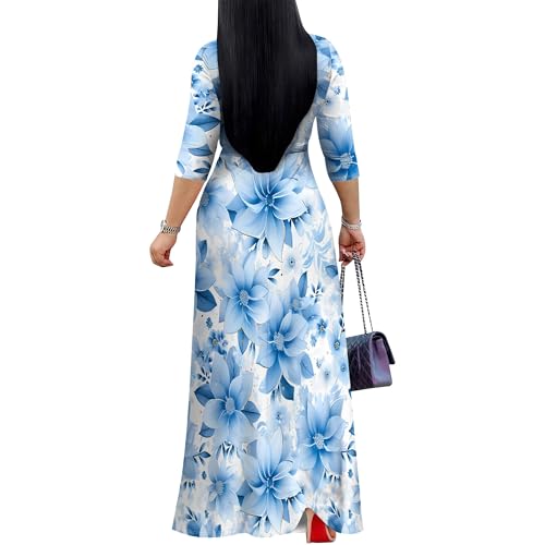 Image of Women Plus Size Long Sleeve V Neck Maxi Dress with Belt | Soft fabric relaxed fit three quarter sleeve v neck with pockets for party and daily wear