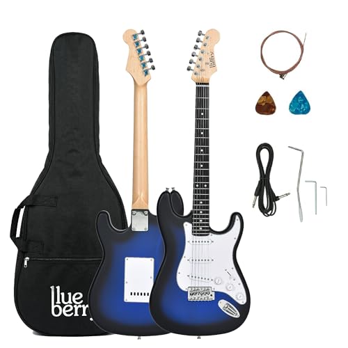 Image of Blueberry R-701-M Full Size Electric Guitar, Tech Rosewood Fretboard, Chrome-Plated Hardware, SSS Pickup, 6-String Right-Handed Beginner Kit with Bag, Strap, Strings & 2 Picks (Blue, Value Pack)