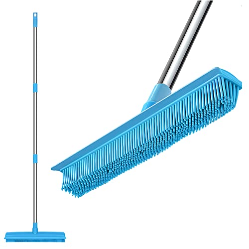 Belicheto Rubber Broom Pet Hair Remover With Thicken Long Handle, Non Scratch Rubber Bristles Carpet Rake Squeegee Edge Indoor Push Broom Sweeper For Hardwood Floor Tile Car Windows Cleaning #TOP23