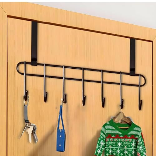 Image of Over-The-Door Hook (Pack of 1), Heavy-Duty Over Door Hanger Holder for Coat Hanging, Robe, Hat, Clothes, Towels, Bathroom Organiser, Towel Rack, 7 Hooks, Matte Black