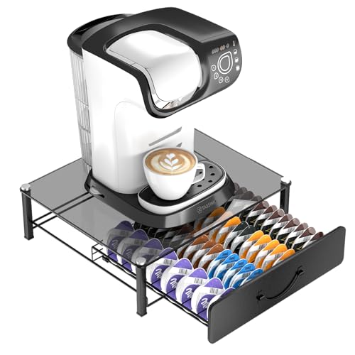 Tiroir de Rangement 64 Dosettes pour Tassimo – Support Capsules avec Plateau en Verre Trempé Gris, Design Anti-Vibrations, Compatible avec Machines Tassimo