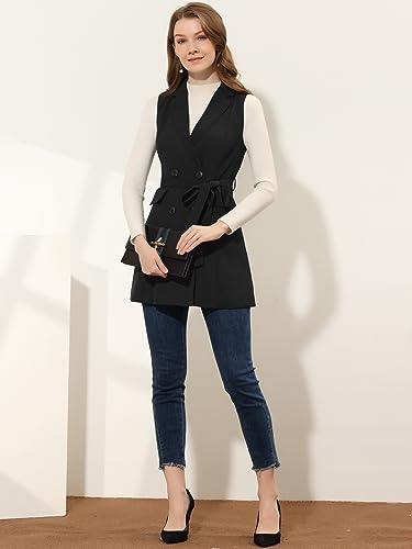 Allegra K Women's Sleeveless Blazer Work Double Breasted Lightweight Belted Long Trench Vest3