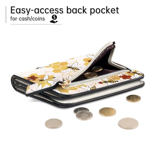 Image of Toughergun Bee Happy Funny RFID Small Wallet Women, Slim Thin Vegan Leather Bifold Wallet with Zipper Coin Pocket & ID Window, Cute Mini Travel Credit Card Holder Gift for Women Ladies Teen Girls