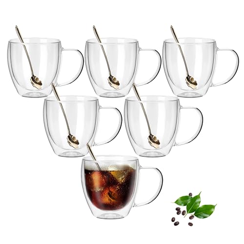 OPTVTAVITA - Juego de 6 tazas de café de vidrio de doble pared, 250ML, tazas de café aisladas con asas, tazas de café transparentes para espresso, café con leche, capuchino, vino, bolsa de té, bebida