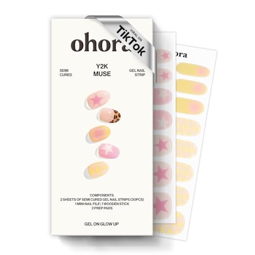 ohora Semi Cured Gel Nail Strips (N Y2K Muse) - Yellow Art Works with Any Lamps Salon-Quality Long Lasting Easy to Apply & Remove - Includes 2 Prep Pads Nail File & Wooden Stick