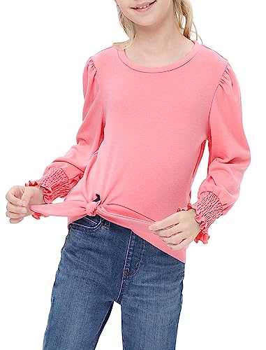 Image of Girls Long Sleeve Crewneck T-Shirt Smocked Sleeve Tie Front Knot Gathered Cuffs Tees Top Blouse for 3-12Y