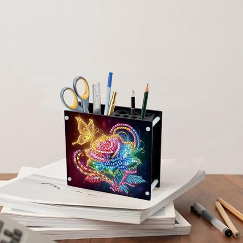 DCIDBEI Diamond Painting Schreibtisch Organizer 13x12cm Diamant Painting Bilder Stifthalter Multifunktions Becher für Kugelschreiber Rosen Schmetterling