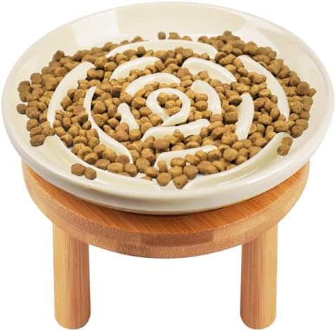 Elevated Slow Feeder Cat Bowls, Ceramic Cat Slower Feeding Bowl with Bamboo Stand, 5.9 Inch Wide Shallow Cats Bowls Whisker Friendly, Anti Vomiting Cats Slow Feeder for Dry or Wet Food Dishwasher Safe