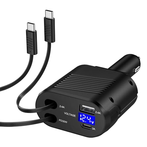 45W Car Charger 4 in 1,2 Retractable Cables (31.5in) and USB A+C Ports Retractable Car Charger for Samsung Galaxy A72 A56 A36 A35 A26 A16 5G A55 A15 5G A25 A54 S25 Ultra S24 Ultra S24 FE S22 S23 FE