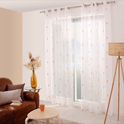 ED ENJOY HOME Rideau Voilage avec Œillets, 140x240cm, Blanc, Broderie Jaune Miel, 100% Polyester Etamine, Collection Telline