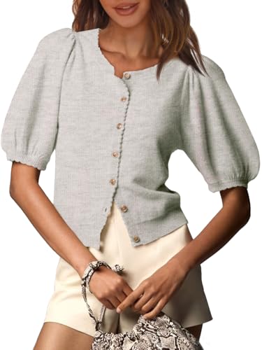 Image of Saodimallsu Womens Puff Short Sleeve Cardigan Lightweight Summer Button Down Shirts Knit Crew Neck Sweater Tops