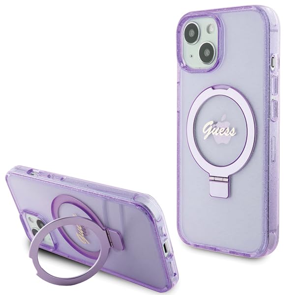 Guess GUHMP15MHRSGSU Coque pour iPhone 15 Plus 6,7" Violet Rigide avec Anneau Support Script Paillettes