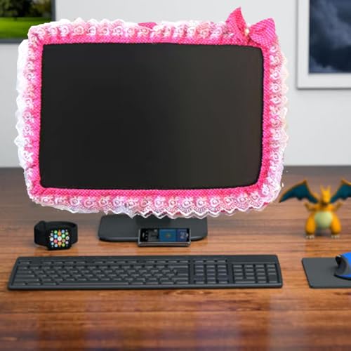 Image of Computer Monitor Cover with Lovely Cute Elastic Pen Pocket Bow-knot TV LCD Screen Monitor Decoration Dust Cover Protector, lace fabric (17''-22''，Red)