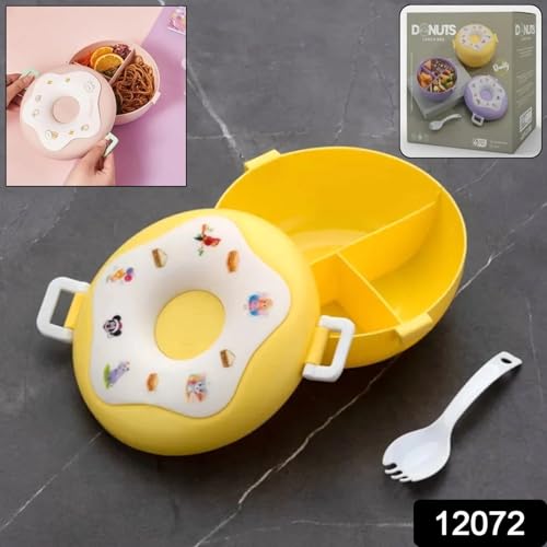 Image of Donut Shaped Kids Lunch Box | 3 Compartment Tiffin | Double Insulated BPA Free Food Container | Leak Resistant Easy Carry for School, Snacks, Fruits, Meals, Picnic & Daily Use, Multicolor
