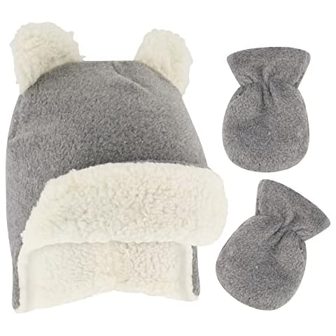 Rising Star Baby Girl's & Boy Infant Winter Mittens Set Sherpa Lined with Earflaps-Newborn Trapper Hat 0-24 Months, Gray Cover