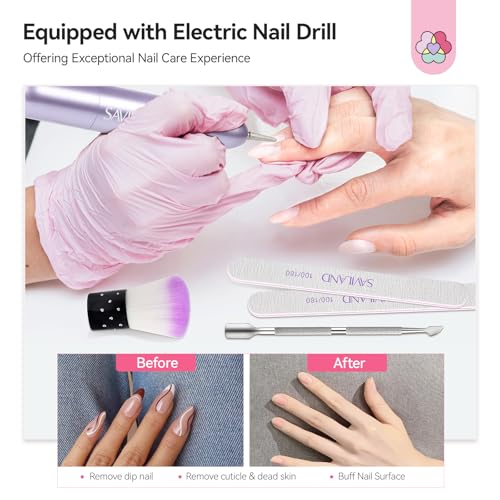 SAVILAND Advanced Dip Powder Nail Kit with Drill: 20 All Season Color Pink Nude Grey Dip Nails Powder Starter Kit with Essentials Liquid Set Dip Base Top Activator Brush Saver French Nail Art Women