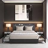 LZQ Polsterbett mit Schubladen, Bettgestell Stoffbett mit Stauraum, Bettrahmen mit gepolstertem Kopfteil und Lattenrost, Funktionsbett Stauraumbett für Schlafzimmer, 140x200 cm, Dunkelgrau