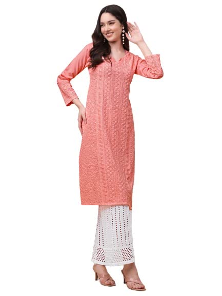 Gufrina Women's Viscose Rayon Lucknowi Embroidery Work 3/4 Sleeve V- Nack Straight Kurta With Chikankari Embroidery Palazzo Set For Women