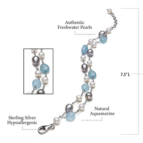 Belacqua Milky Blue Aquamarine and Pearls Chain Station Tin Cup Bracelet in Sterling Silver, Length- 7.5 Inches, Real Pearl Jewelry for Women, Gift Box Included3