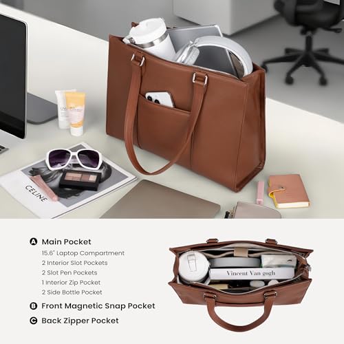 Image of befen Genuine Leather Work Tote Bag for Women, Women's 15.6 Inch Work Bags Totes Purse Shoulder Purses Handbags Cognac Brown