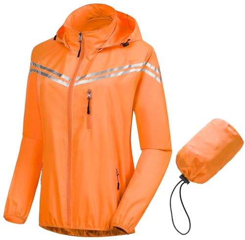 CREATMO US Women's Packable Waterproof Running Rain Coat Reflective Cycling Jacket Windbreaker With Detachable Hood