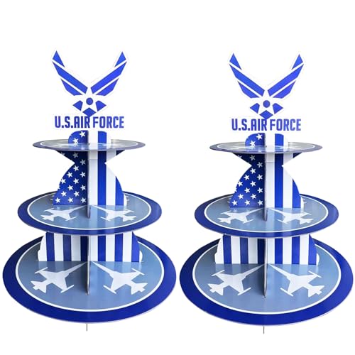 DodelyGz 2 Packs US Air Force Cupcake Stand,3 Tier Sturdy Cardboard Air Force Cupcakes Tower Holder for Military USAF Party Decor,Air Force Party Centerpieces
