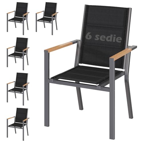 JUMMICO Lot de 6 Chaises de Jardin en Aluminium avec Accoudoirs Imitation Bois – Empilables et...