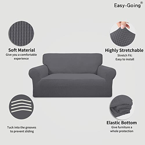 Image of Easy-Going Stretch Loveseat Slipcover 1-Piece Sofa Cover Furniture Protector Couch Soft with Elastic Bottom for Kids Polyester Spandex Jacquard Fabric Small Checks (Loveseat, Grey)
