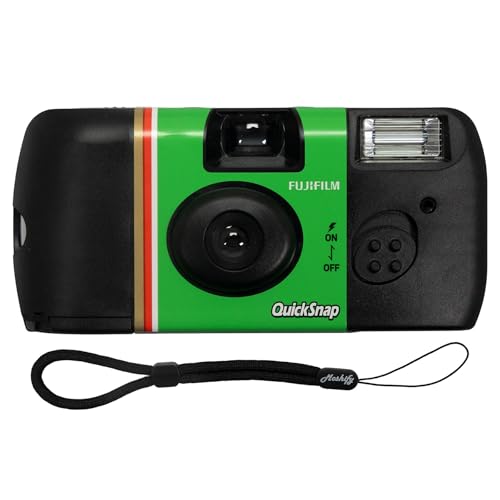 Fujifilm QuickSnap Flash 400 Disposable Camera Single 35mm Film Camera + Adjustable Moshify Wrist Strap Fuji Disposable One-Time-Use Camera for Travel Parties Weddings Events