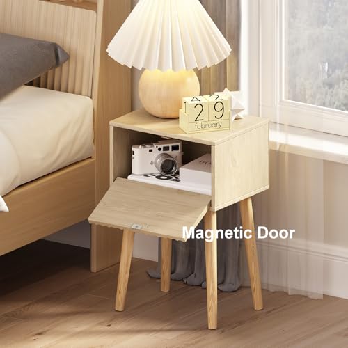 LAATOOREE Nightstands Set of 2, Small Side Table, Bedside Table with Fluted Door, Solid Wood Feet; Modern Mid-Century End Table for Bedroom, Small Space (Natural) - Image 5
