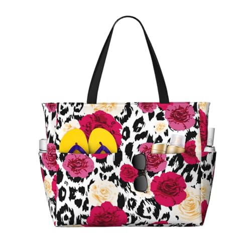 Grand sac de plage haut de gamme au motif fleurs léopard colorées et finitions soignées