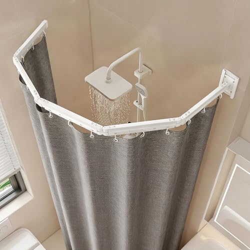 Faltbare Duschvorhangstange Ohne Bohren, 5-fach Faltbar & Drehbar, Aluminiumlegierung, mit 180 x 200 cm Wasserdichtem Antischimmel Duschvorhang, Für Badezimmer Badewanne (Weiß/Grau)
