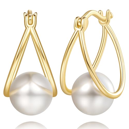 ESSIE ODILA Pearl Earrings for Women 14K Gold Earrings for Women Gold Hoop Earring for Womens Pearls Hoops Trendy Grey Mystique or White Grace Pearls Drop Dangle Pearl Hoop Earring for Womens 18mm
