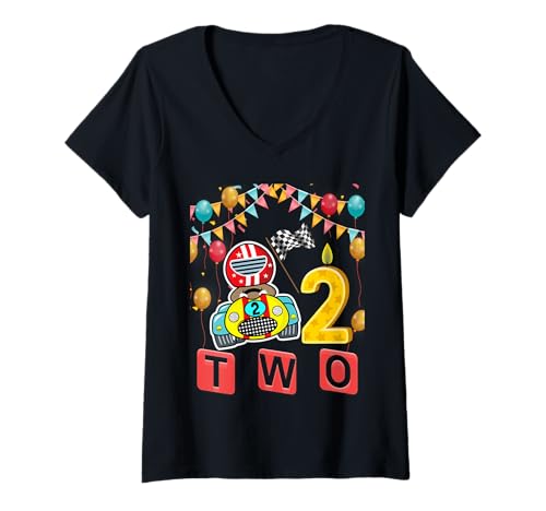 Mujer Coche de carreras segundo cumpleaños niños 2 dos años segundo cumpleaños niño Camiseta Cuello V