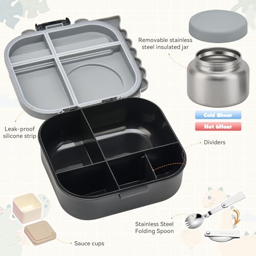 Image of Pawtong Bento Lunch Box with Thermo, 4-Compartment Bento Box with Adjustable Dividers, Leakproof Dinosaur Lunch Box with 14.2OZ Insulated Food Jar & Sauce Jar, for School Office Travel(Grey)