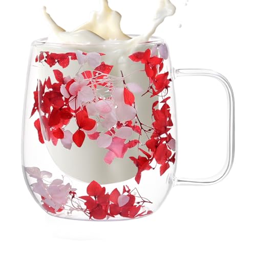 Genérico Tazas de vidrio con doble aislamiento,Vasos de vidrio de doble pared - Tazas de café de con flores secas | de café aisladas de capa, tazas de té de transparente con asa de 200 ml pa