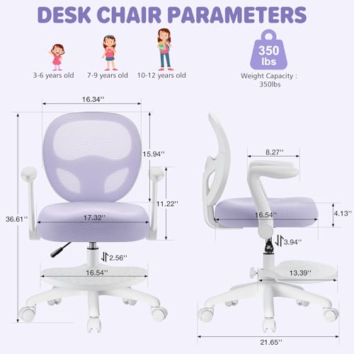 Image of HOFFREE Kids Desk Chair Ergonomic Study Chair with Flipped Armrest and Footrest Adjustable Height Swivel Kids Computer Chair Mesh Desk Chair for Boys Girls Children at Home Bedroom Study Room Purple
