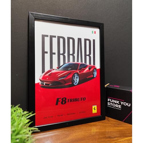 Image of Funk You Store Ferrari Poster | Framed Ferrari F8 Tributo A4 Sized (31 x 23 cm) | Supercar Posters | Car Poster for Wall, Gift for Boys | Car Frames for Wall, Bedroom, Hostel, Study Room (F 012)
