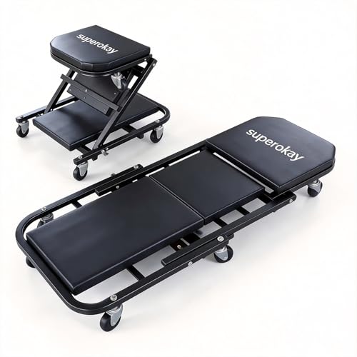 superokay 2-in-1 Folding Creeper Seat, 36-Inch Professional Mechanic Cart with 6 Casters, 300 lbs Capacity Rolling Creeper for Garage & Shop, Foldable Z Creeper Seat with Tool Tray by superokay - Used condition - US$33.78