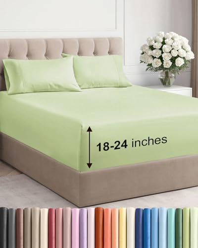 Image of Extra Deep Twin Sheet Set - 4 Piece Breathable & Cooling - Light Sage Green | Hotel Luxury Bed Sheets Set, Easy & Secure Fit, Ultra-Soft, Wrinkle & Fade Free, Comfy Sheets Set with Extra Deep Pockets