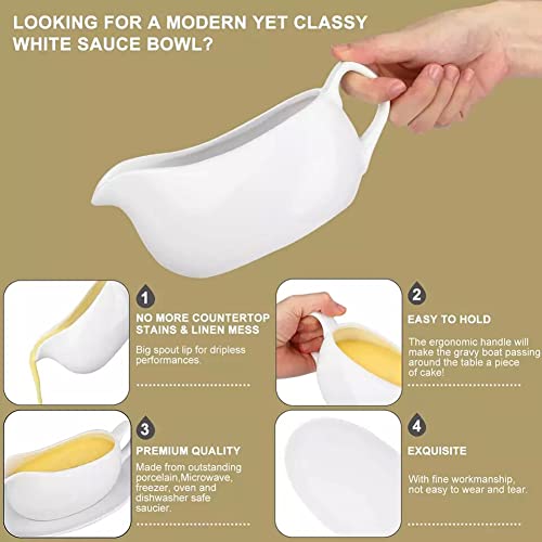 Miecux Gravy Boat wiht Tray, Ceramic Serving Saucer&Dish Dispenser for Sauces, Dressings and Creamer, Large Handle, Microwave and Dishwasher Safe, 15 oz (White) - Thumbnail 4