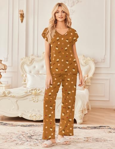 Image of Ekouaer 2 Pack Womens Pajamas Short Sleeve Sleepwear Top with Pants Super-Soft Printed Lounge Sets S-XXL